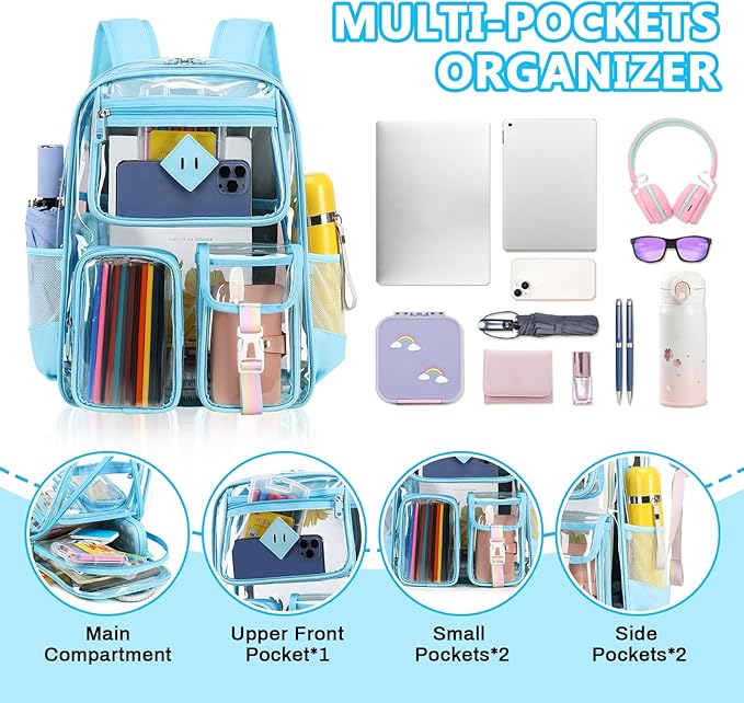 Clear Backpack for School,Heavy Duty PVC Transparent Bookbag for Girls Stadium Approved See Through Backpack