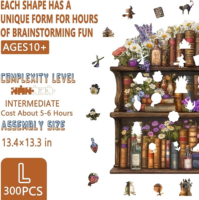 Wooden Puzzles for Adults, Magic Bookshelf Wooden Jigsaw Puzzle for Adults, Wood Puzzles Adult, Unique Animal Shape, Fun Gifts for Friends & Family, Home Decor(L -13.4 * 13.3in-300 pcs)