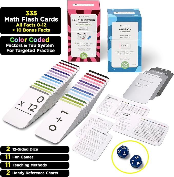 335 Multiplication & Division Flash Cards (Award Winning) 1 Fact Per Card with Visual Aids – All Facts 0–12 + Dice, Games & Charts – Grades 2–6, Homeschool & Classroom Learning