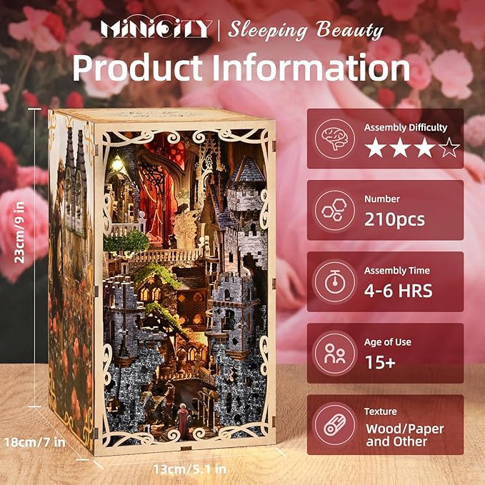 DIY Book Nook Kit for Adults, 3D Wooden Puzzle Bookend Bookshelf Insert Decor with LED Light and Dust Cover (Sleeping Beauty)