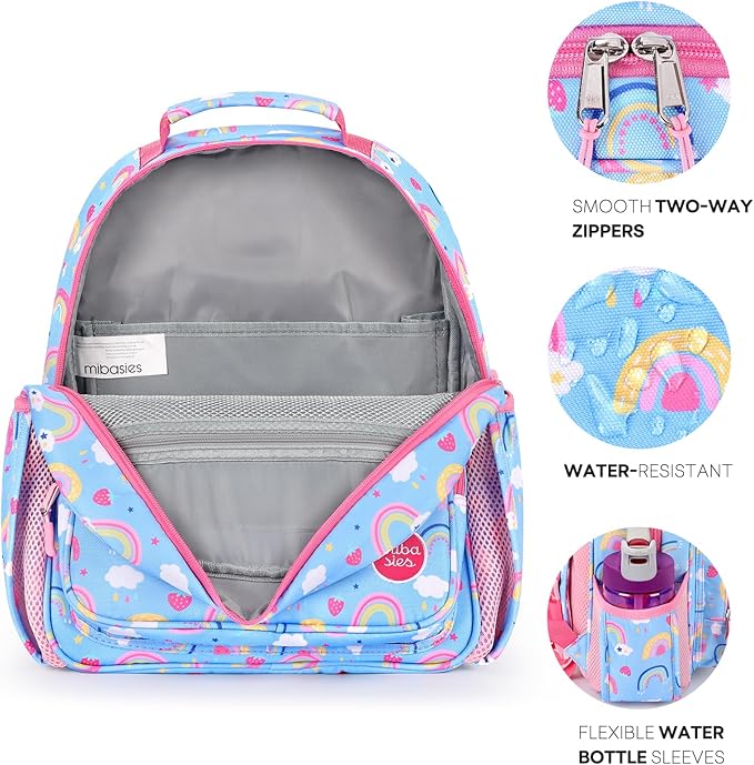 mibasies Kids Backpack for Girls: Girls Backpack 5-8 - Kindergarten Elementary School Bookbag for Girl - Rainbow Blue