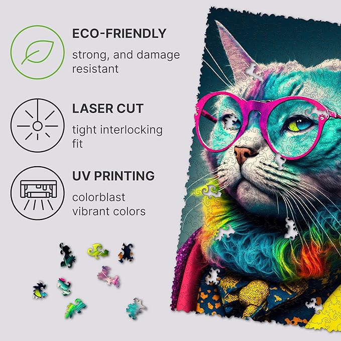 UNIDRAGON Original Wooden Jigsaw Puzzles - Pop Art Glow Up Collection - Criticat - Cat Puzzle 500 Pieces, Beautiful Gift Package, Wooden Puzzle for Adults