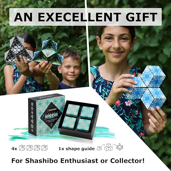 SHASHIBO Shape Shifting Box - Award-Winning, Patented Fidget Cube w/ 36 Rare Earth Magnets - Transforms Into Over 70 Shapes, Gift Box, Download Fun in Motion Toys Mobile App (Undersea, 4 Pack)