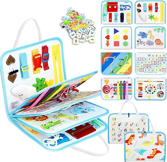 Esjay Toddler Busy Board Montessori Toys for Boys Girls, Sensory Board Educational Activities for Learning Fine Motor Skills, Birthday Gifts for Toddlers, Travel Toys for Airplane Car, White Dinosaur