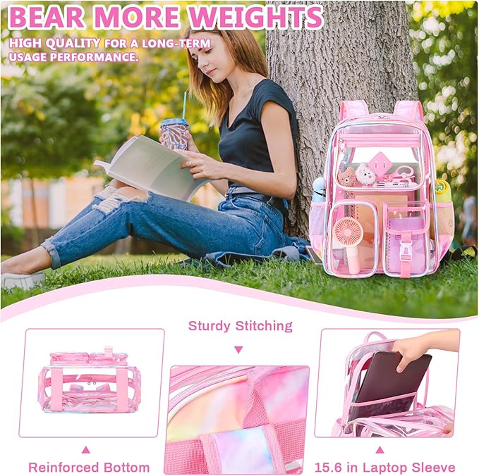 Clear Backpack for School,Heavy Duty PVC Transparent Bookbag for Girls Stadium Approved See Through Backpack