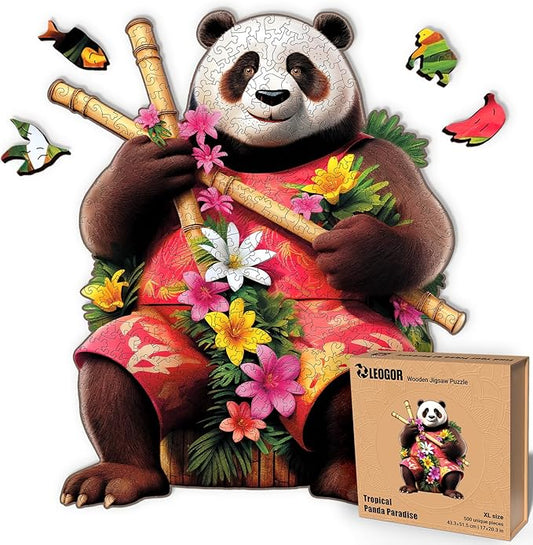 LEOGOR Wooden Puzzles for Adults – 500 Piece, 17 x 20.3 in Extra-Thick 5mm Wood Puzzles Adult, Animal Shaped XL Mosaic Jigsaw, Tropical Panda Paradise, Unique Hand-Drawn Pieces