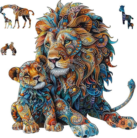 Wooden Puzzles for Adults, Lion Family Jigsaw Puzzles 500 Piece, Unique Shape Puzzles for Adults and Kids, Fun Challenging Puzzles Family Game Gift, Royal Size 16.5 x 16.9 Inches
