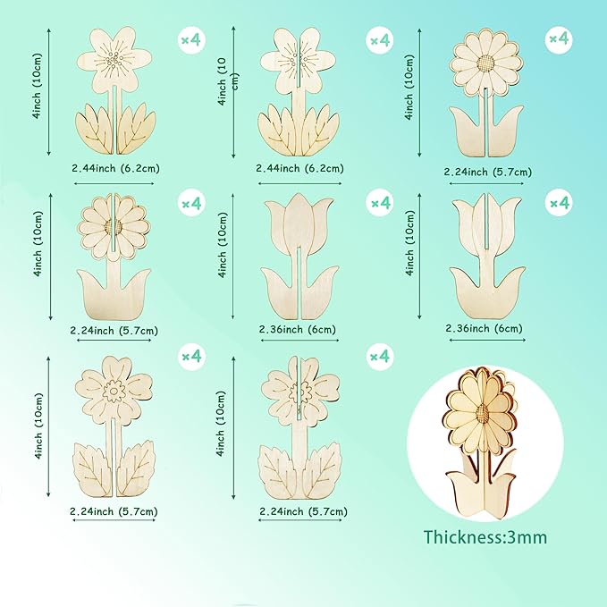 DIY 3D Flower Spring Wood Crafts to Paint, Spring Unfinished Wooden Slices for Craft, Flowers Ornaments for Painting Decorations (32 PCS)
