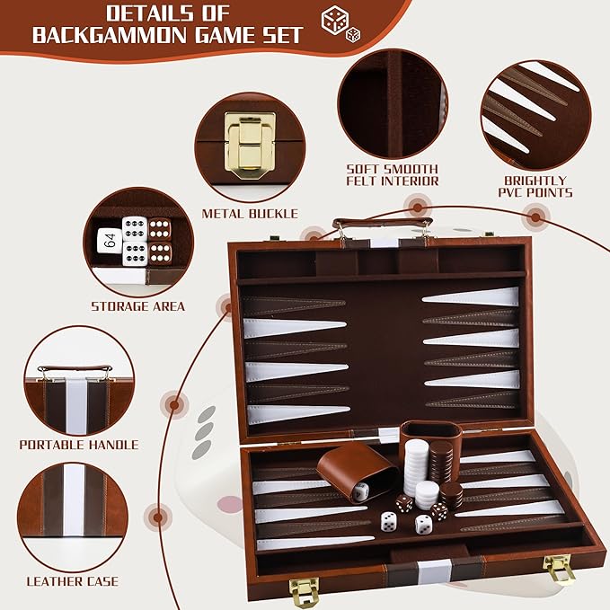 Froggod 15 inch Backgammon Sets for Adults - Classic Board Game for Adults - Portable Travel Backgammon Set for 2 Players - Perfect Adult Board Games for Gifts & Family Fun(Brown)