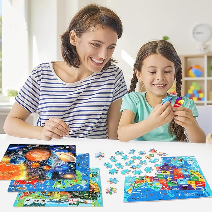 LELEMON 100 Pieces Puzzles for Kids Ages 4-8, 4 Set Kids Puzzle Ages 6-8,United States World Solar System Children Learning Educational Puzzless Toys for Boys and Girls