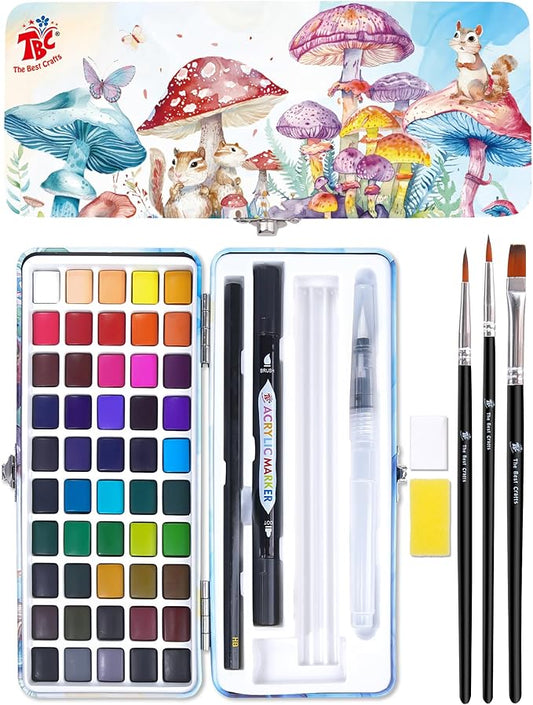 TBC The Best Crafts 50 Colors Watercolor Paint Set For Kids, Students and Artists, Amateur,Beginner.Set includes Coloring Sheets, Black Dual Tip Acrylic Paint Markers, Storage Bag