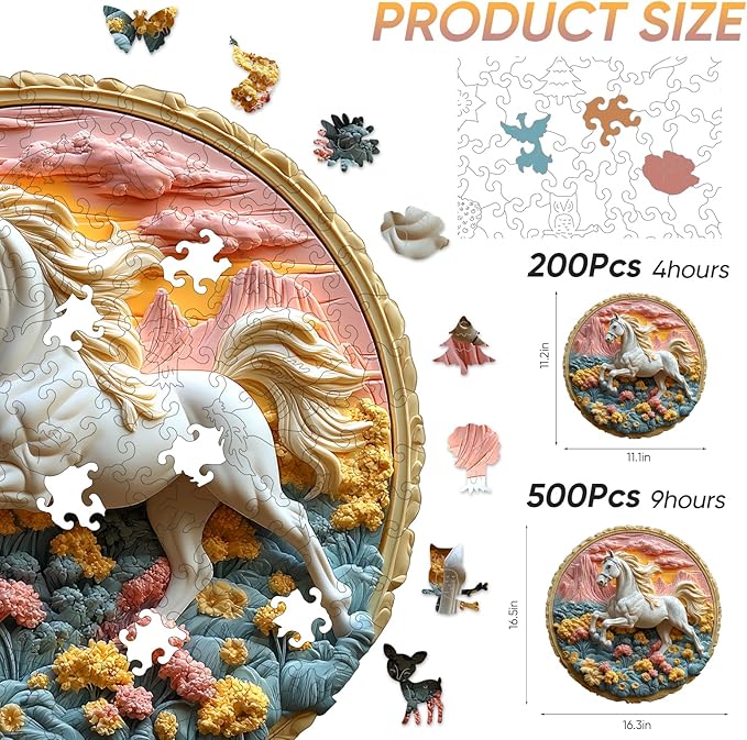 Wooden Puzzle for Adults 500 Piece - 3D Vision Effect Galloping White Horse Wooden Puzzle Unique Shape Advanced Wooden Jigsaw Puzzle, Wood Puzzles, Challenge Wooden Jigsaw Puzzle(16.3 x 16.5 in)
