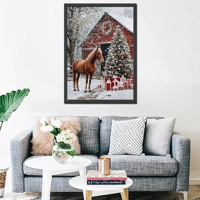 Red Wooden House1000 Piece Jigsaw Puzzles for Adults Christmas Trees Painting Jigsaw Puzzle Animal Horse 1000 Pieces Puzzles Game Home Wall Decor DIY Craft Winter Forest Puzzle Art Gift Box(Red)