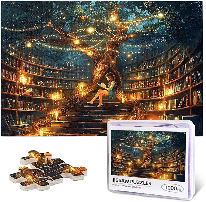 Library Book Puzzle Jigsaw Puzzles for Adults 1000 Pieces A Girl Sitting Under Bookshelf Puzzle Funny Puzzles for Friends Family Activity Game Nights