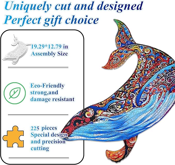 Wooden Jigsaw Puzzle for Adults,Blue Whale Animals Shaped Magic Puzzle Pieces Best Gift for Adults,Can be Used as a Cool Mouse Pad,225pcs,(19.29 * 12.79 inches)