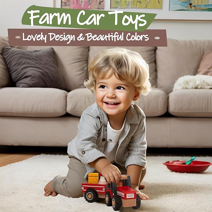 Wooden Tractor Toys for Toddlers 1-3, Baby Vehicle Toys Hand Push Car Toys for 1 2 3 Year Old Boys Girls (Red)