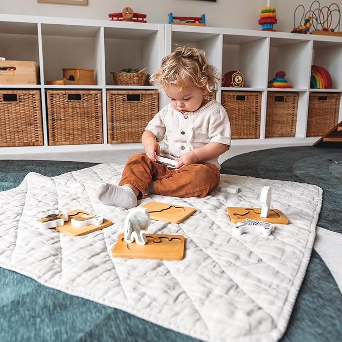 Wooden Montessori Animal Puzzles for Toddlers 2+ Years - Realistic Chunky Safari Animal Shape Puzzle - Educational Learning Toy