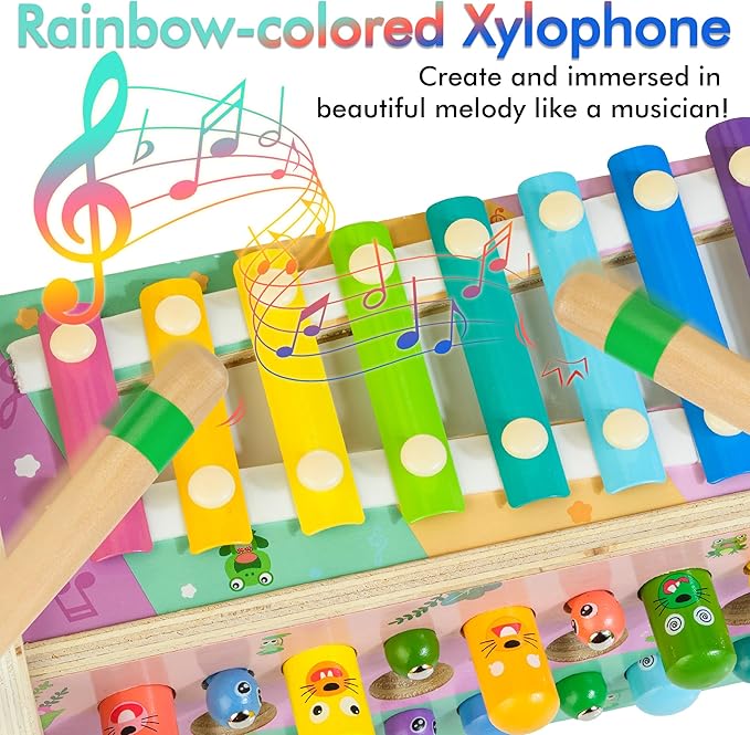 6-in-1 Wooden Montessori Toys for 1 Year Old, Mole-Tapping Game | Play The Xylophone | Frog Clock | Carrot Harvest Game | Spinning Gear, Baby Toy Gift for Early Learning