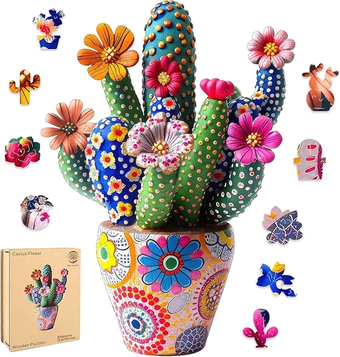 Mys Aurora Puzzles for Adults Cactus Flower Wooden Puzzles, 300 Pieces Unique Shaped Jigsaw Puzzles, Birthday for Adults and Kids, Fun Challenge Family Game 12.2 x 17 Inch