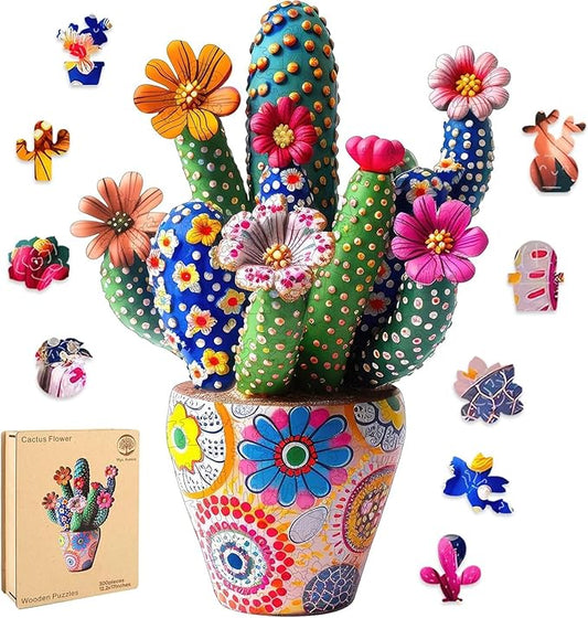 Mys Aurora Puzzles for Adults Cactus Flower Wooden Puzzles, 300 Pieces Unique Shaped Jigsaw Puzzles, Birthday for Adults and Kids, Fun Challenge Family Game 12.2 x 17 Inch