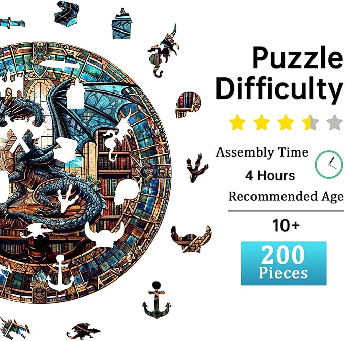 Jigfoxy Wooden Puzzles for Adults, Dragon's Library Wood Puzzles Adult, Unique Animal Shape Wooden Jigsaw Puzzles for Adults, Birthday Gifts for Puzzle Lovers, Family (M-11.4 * 11.4in-200pcs)