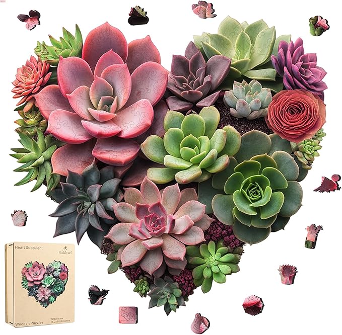 Ruikiyart Wooden Puzzles for Adults,200 Pieces Heart Flower Succulent Wooden Jigsaw Puzzles for Adults and Kids,Extra Thick 5mm,Fun Challenging Christmas Creative Gift,11.2"*10.8"
