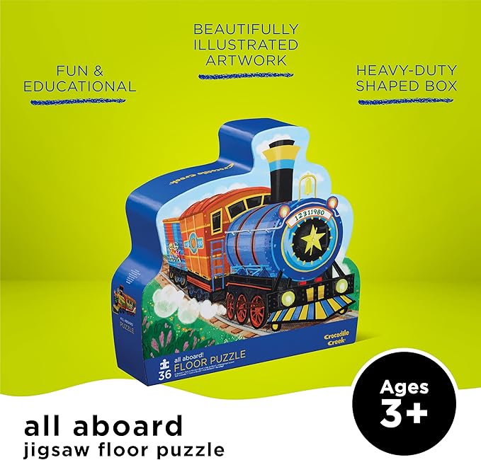 Crocodile Creek 36-Piece Jigsaw Floor Puzzle - Fun Floor Puzzles for Kids Ages 3-5 - Heavy-Duty Shaped Box for Storage - All Aboard - 24" W x 18" H Finished