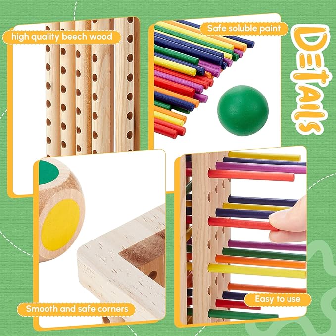 Montessori Game with Colorful Wooden Sticks Tower Dice Ball Wooden Board Games Fine Motor Skills Counting Math Educational Toys for Family Travel(Square)