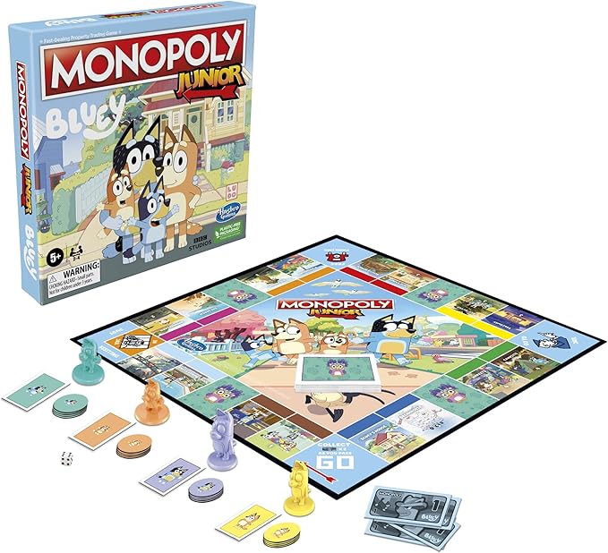Hasbro Gaming Monopoly Junior Bluey Edition Board Game | Kids Play as Bluey, Bingo, Mum & Dad for Girls & Boys | Ages 5+ (Amazon Exclusive)