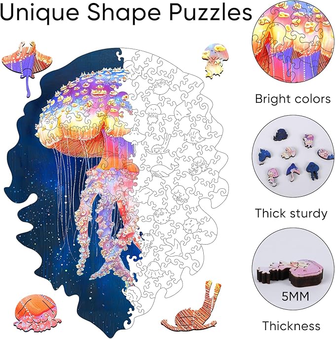 delobil Wooden Puzzles for Adults, Jellyfish Jigsaw Puzzles 200 Pieces, Unique Shape Puzzles for Adults and Kids, 11.7 x 9 Inches Medium Size, Fun Challenging Puzzles Family Game