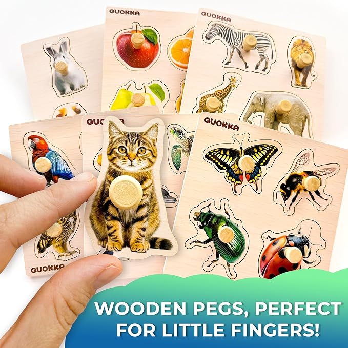 QUOKKA Wooden Puzzles for Toddlers 1-3 – 6 Pegged Puzzles for Kids Ages 2-4 – Animal and Fruits Learning Toy for Kids – Gift Realistic Educational Game for Boy and Girl