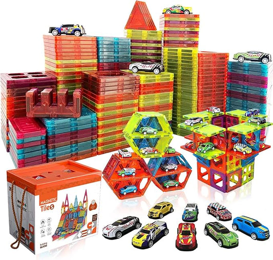 Magnetic Tiles Parking Building Playset with 10 Pull-Back Metal Cars for Kids Construction STEM Toy Preschool Creativity Learning Birthday Gift for Girls Boys Toddlers 3 4 5 6 7 8