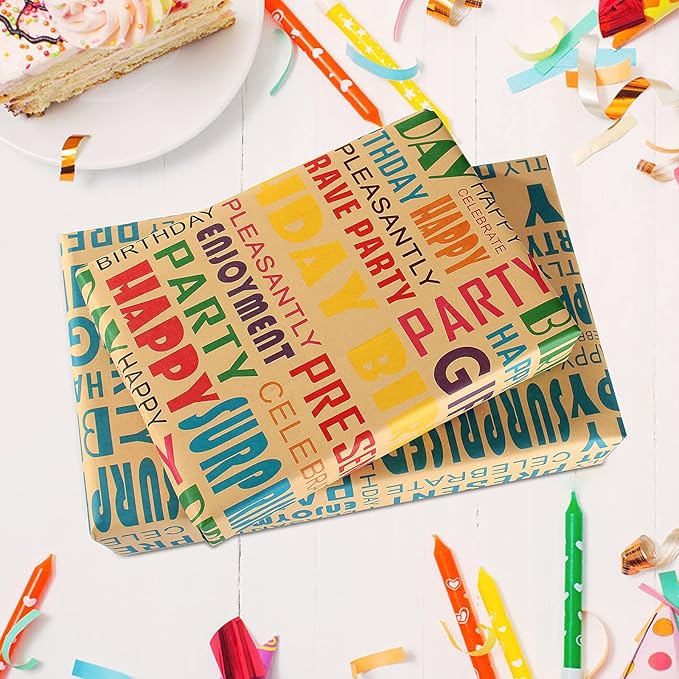 Brown Kraft Birthday Wrapping Paper and Ribbon Bow Set with Stickers for Boys, Girls, Men, Women and Kids - Recycled Gift Wrap (6 Sheets, 27.5"L x 19.6"W Per Sheet)