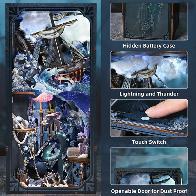 Book Nook Kit, DIY Doll House Booknook, Miniature Kit for Bookshelf Doll Houses for Adults Teen Halloween, 3D Wooden Puzzle Bookends with Led Light and Dust Cover (Sirens Song)