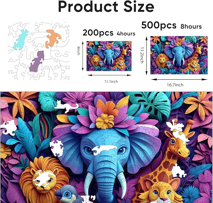 Ruikiyart Wooden Puzzles for Adults, 5MM 200 Pieces Animal World Wooden Jigsaw Puzzles, Unique Shaped Puzzle Gifts for Adults and Kids on Thanksgiving, Family Puzzle Games(12.1"*8.1")