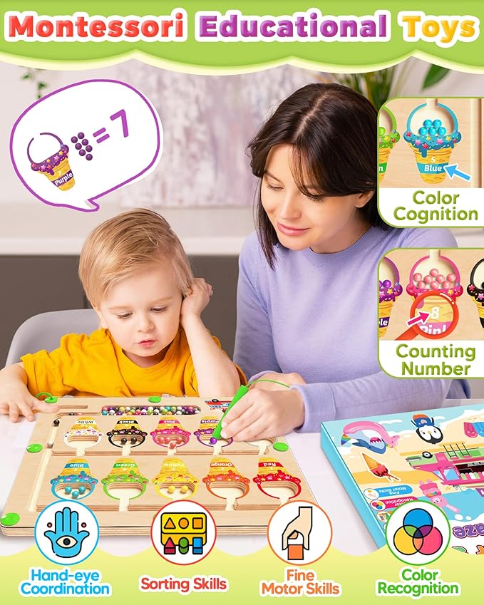 Magnetic Color and Number Maze, Montessori Toys for 2 3 4 Year Old, Wooden Color Matching Puzzle Board, Preschool Learning Activities Educational Toys for Ages 2-4 for Girls Boys Birthday Gifts