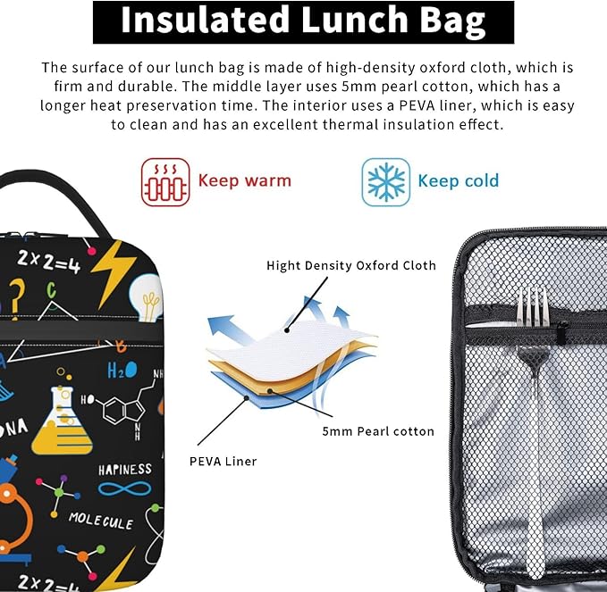 Science Chemistry Biology Physics Pattern Reusable Lunch Box Food Bag Insulated Lunch Bag for Teenage Boys Girls School Beach
