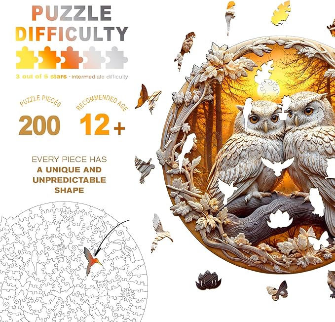Wooden Puzzles for Adults - Couple Owl Wooden Jigsaw Puzzle - Unique Animal Shaped Wood Puzzles Adult - Christmas Birthday Gifts for Adults/Friends/Family - 200pcs 11.4 * 11.2in