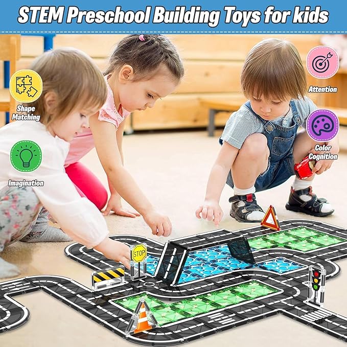 Magnetic Tiles Roads Construction Toys, Traffic Themed Building Blocks Set, Toddler Kids Toys for 3+ Year Old Boys Girls, Montessori STEM Sensory Games, Preschool Learning Educational Birthday Gifts