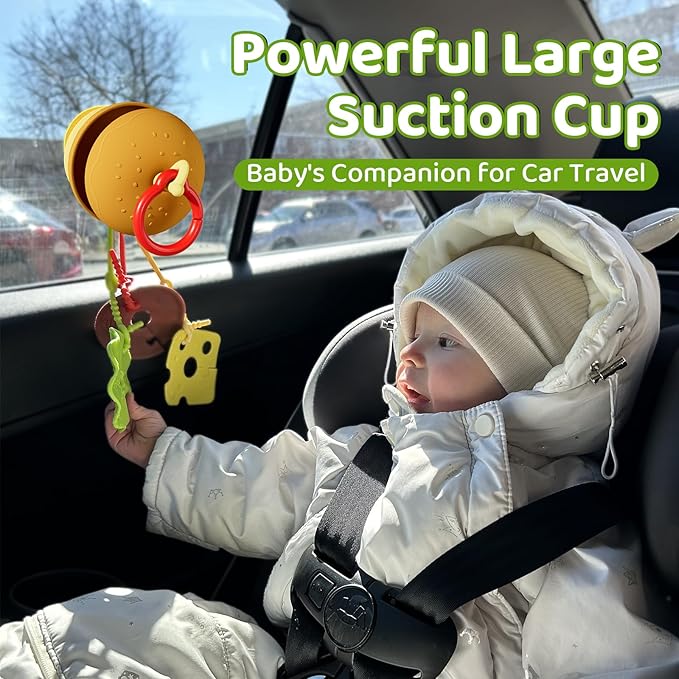 Hamburger Suction Cup Toys Holder for High Chair, Stroller Baby Toys 6-12 Months & Toddlers, 3 Tethers Keep from Falling, Great for Restaurant & Car Seat Airplane Travel