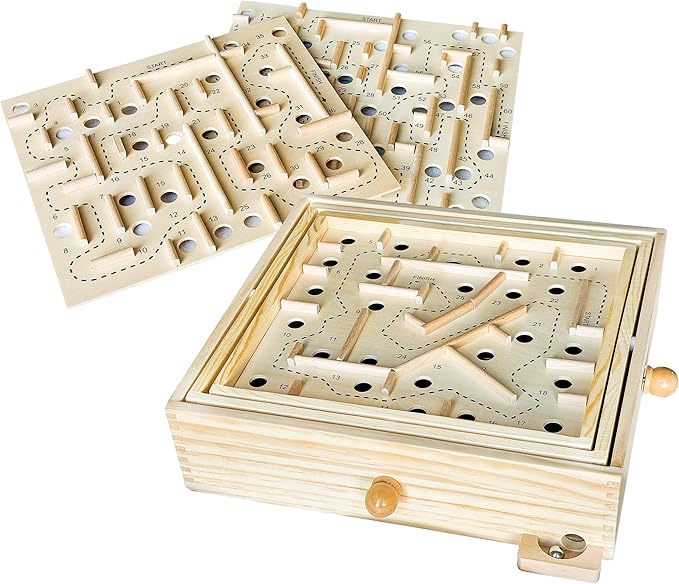 Sterling Games Wooden Labyrinth with 3 Swappable Boards – Classic Maze Game with 60, 36, and 25 Waypoints – Wooden Tilt Puzzle with Knob Control and 3 Steel Marbles for Kids Age 6+