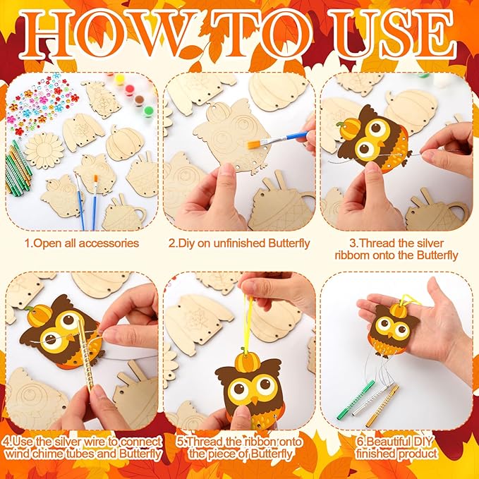 JellyArch 30 Pack Fall Wind Chime Making Kit for Kids Make Your Own Wind Chime Harvest Maple Leaf Wooden Ornaments for Girls Boys DIY Activity Birthday Decoration