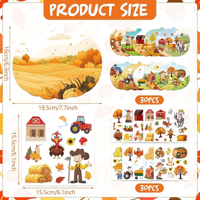 JUNEBRUSHS 30 Packs Fall Thanksgiving Crafts,Autumn Pumpkin Scene Crafts Fall DIY Ornaments Stickers Craft for Home School Classroom Activity Party Decor