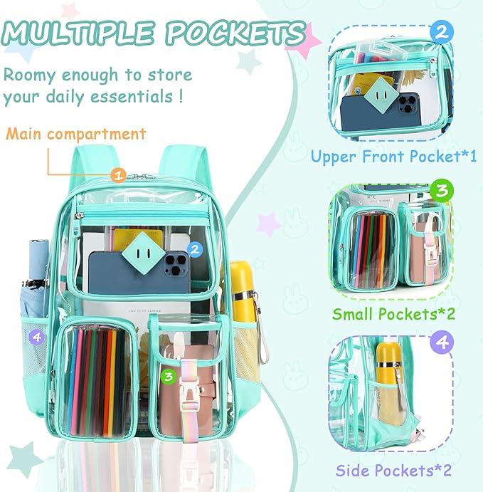 Clear Backpack for School,Heavy Duty PVC Transparent Bookbag for Girls Stadium Approved See Through Backpack