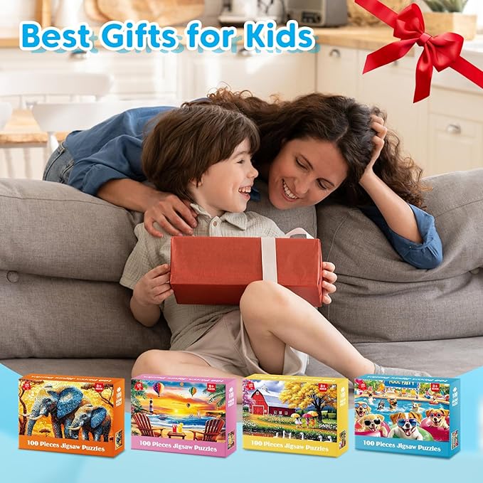 4-Pack Puzzles for Kids Ages 6-8 8-10 Year Old - Elephants, Farm, Beach, Dogs, Large Piece Puzzles for Seniors, 100 Pieces Jigsaw Puzzle for Kids Ages 4-6, Learning Educational Toys