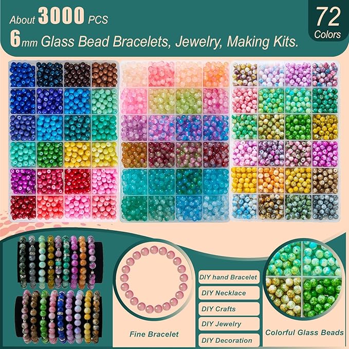 Glass Beads Kit for Jewelry Making - 3 Box Set 72 Colors, 3000pcs Round Colorful Beads for DIY Bracelet Necklace Earring Keychain, Colorful Glass Beads Bracelet Making Kit - 6mm