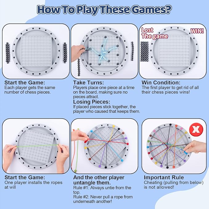 2 in 1 Board Games, Magnetic Chess & Rope Untangling Puzzle Game, Travel, Family Games for Kids and Adults, 40 Pcs Stones, Brainy Knots, Multi-Challenges for Age 8+, Educational Strategy, 2-4 Players