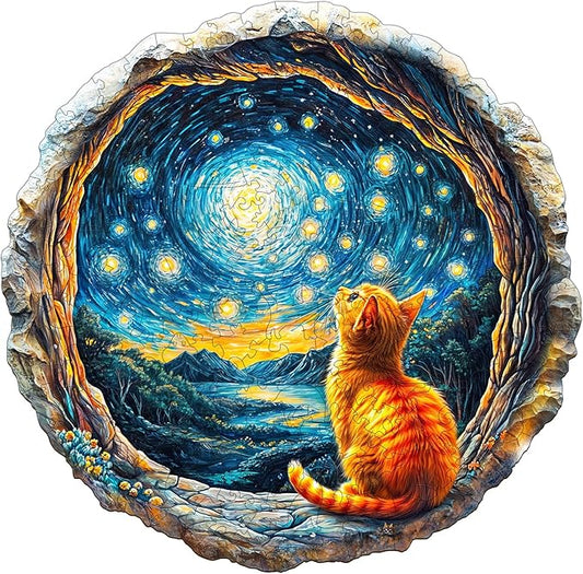Jigfoxy Wooden Puzzles for Adults, Starry Night Wood Puzzles Adult, Unique Animal Shape Wooden Jigsaw Puzzles for Adults, Birthday Gifts for Puzzle Lovers, Family, Friend (S-8.5 * 8.3in-100pcs)