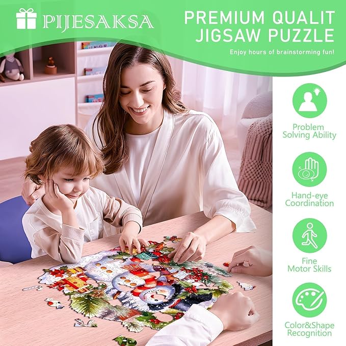 Christmas Wooden Puzzles for Adults, Snowman Wooden Jigsaw Puzzle, Unique Shape Wood Puzzles Adult, Presents for Family and Friends, Wall Art Home Decor (S-8.1 * 7.9in -110 pcs)