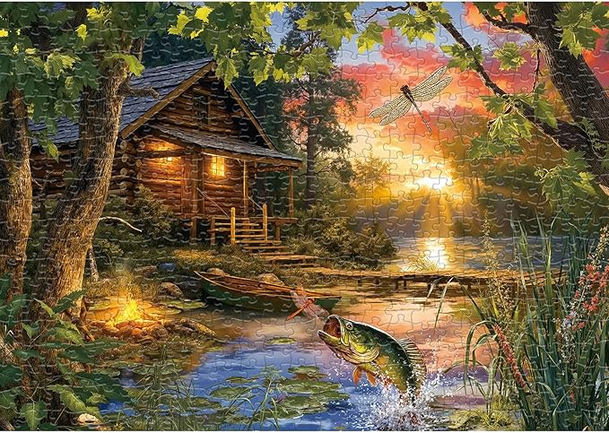 Jigsaw Puzzle for Adults 500 Pieces - Lakeside Cottage Puzzles, Nature Forest Lake Wooden Cabin Jigsaws